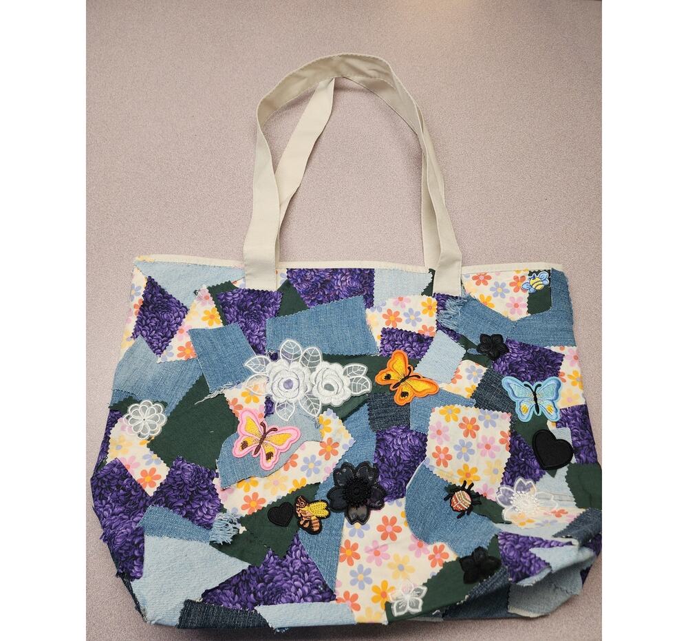 Upcycled Boho Patchwork Tote Bag Floral Butterfly Handmade